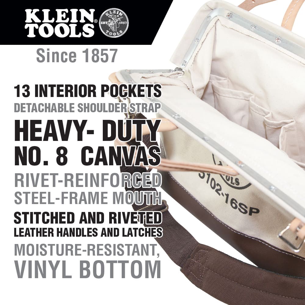 Klein Tools Deluxe Tool Bag, Canvas, 13 Pockets, 16-Inch 5102-16SP