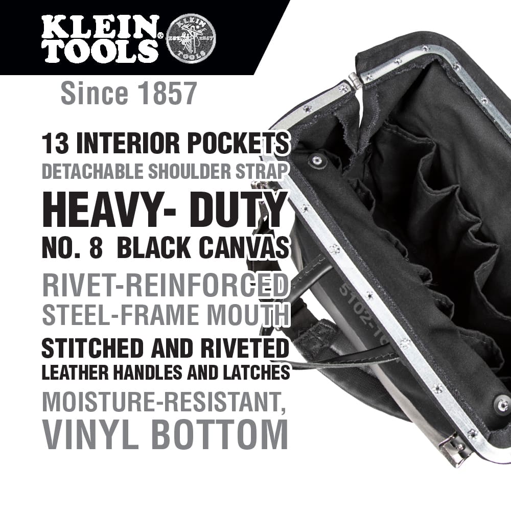 Klein Tools Deluxe Tool Bag, Black Canvas, 13 Pockets, 16-Inch 510216SPBLK