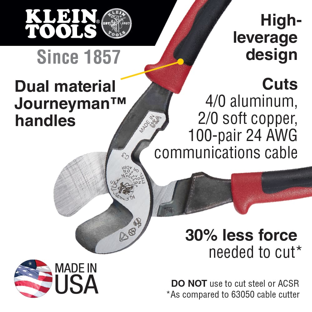Klein Tools Journeyman™ High Leverage Cable Cutter with Stripping J63225N